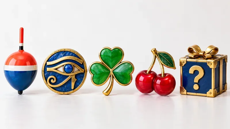 Fishing float, Eye of Horus, clover, cherries and gift game symbols